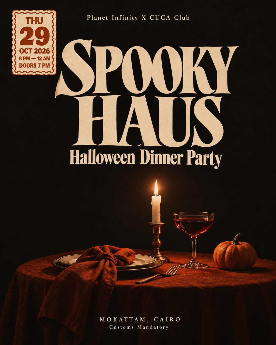 Spooky Haus — Halloween Dinner Party, cream lettering on a dark candlelit dinner table, 29 October 2026, Mokattam Cairo